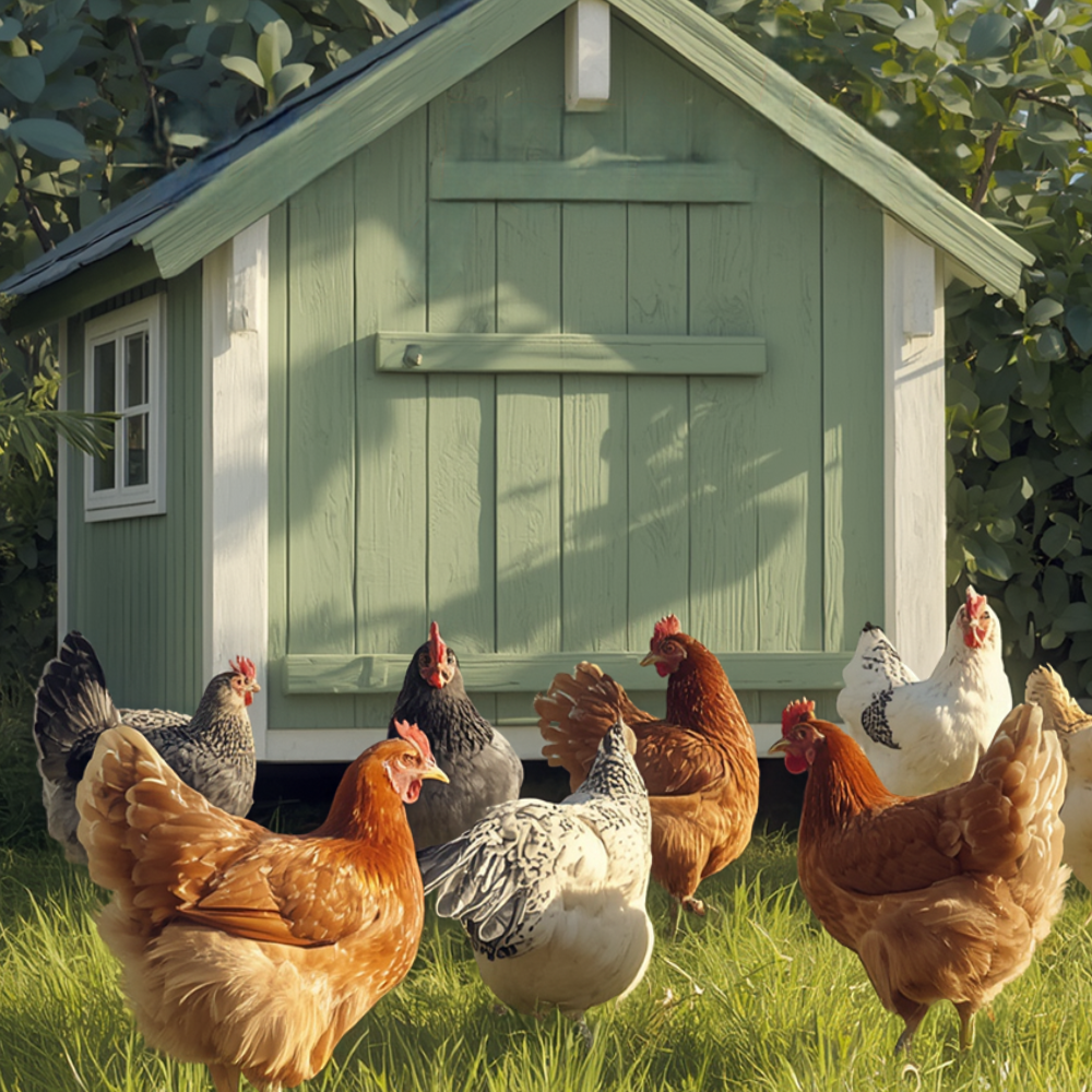 Poules dans un jardin et poulailler aux Jardins d'Émilie